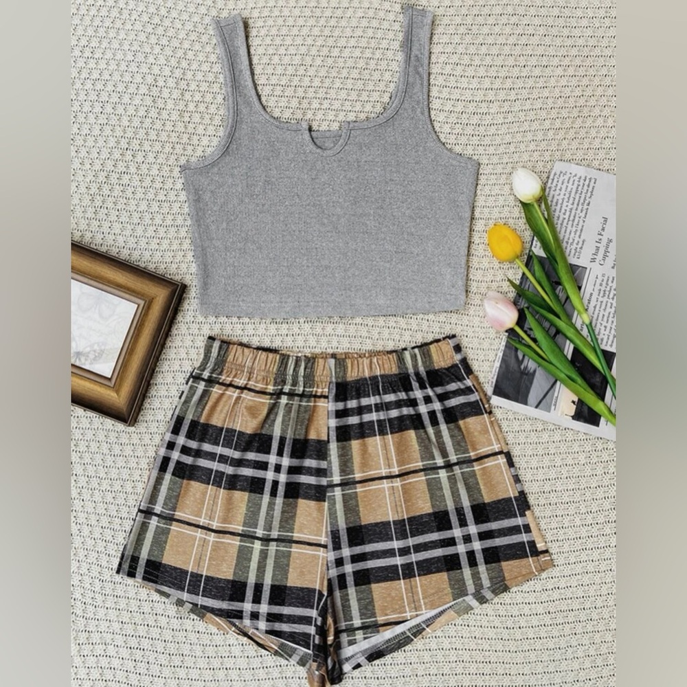 Pajama set with gray tank top and plaid sleep shorts